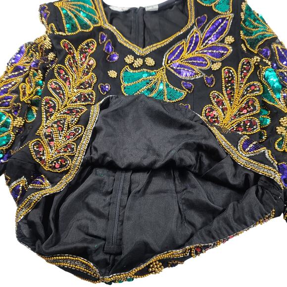 Saks Fifth Avenue Black Purple  Gold Red Silk Beaded Sequined Blink Top Shirt M - Picture 3 of 4